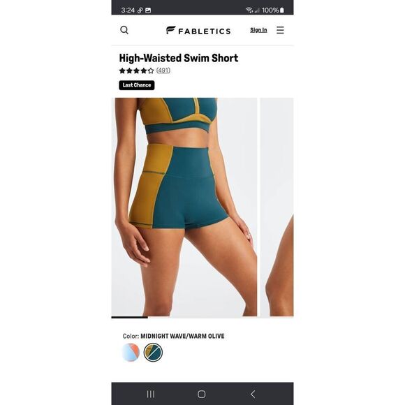 New Small Fabletics Midnight Wave Warm Olive Gabriella High Waist Swim Shorts - Picture 1 of 8